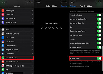 Menu Ajustes > Face ID & Código > Digite sua senha > Apagar dados.