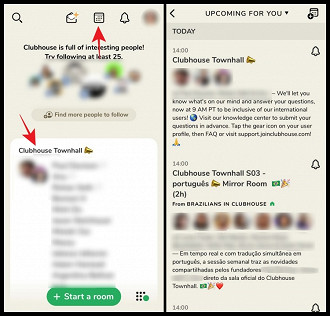 Na primeira imagem, a flecha de cima aponta para o calendário, no qual você pode ver os eventos programados (conforme a segunda imagem). Já a flecha direcionada para baixo, mostra os bate-papos que estão ocorrendo naquele momento.