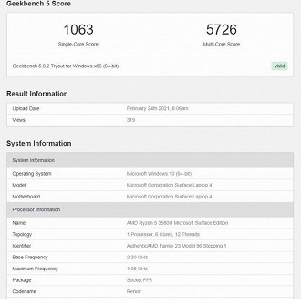 Microsoft Surface Laptop 4 com processador AMD. (Imagem: Geekbench)