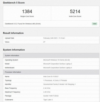 Microsoft Surface Laptop 4 com processador Intel. (Imagem: Geekbench)