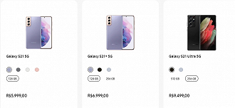 Preços da linha S21 no Brasil. (Foto: Printscreen/Samsung).