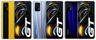 Da esquerda para a direita, temos o realme GT 5G com visual de material sintético, seguido por dois com visual tradicional de vidro. (Imagem: XDA/Reprodução)