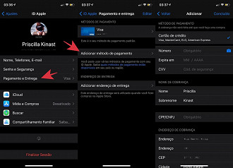 iCloud > Pagamento e Entrega > Adicionar Método de Pagamento.