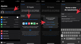 Clique em Iniciar sessão no iPhone > Não tem um ID Apple ou esqueceu > Criar um ID Apple > Insira seus dados e clique em Próximo.