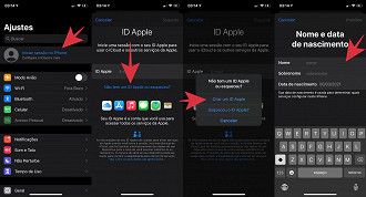 Clique em Iniciar sessão no iPhone > Não tem um ID Apple ou esqueceu > Criar um ID Apple > Insira seus dados e clique em Próximo. Clique em Iniciar sessão no iPhone > Não tem um ID Apple ou esqueceu > Criar um ID Apple > Insira seus dados e clique em Próximo.