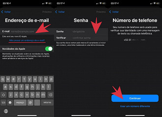 Insira seu e-mail (ou clique em não possui um endereço de e-mail) > insira e verifique sua nova senha > confirme o número de telefone.