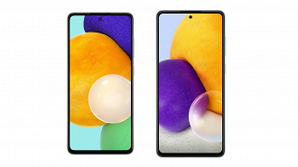 Design frontal oficial do Galaxy A52 e Galaxy A72 vazados na pagina da Samsung na Indonésia. (Imagem: Reprodução / Samsung)