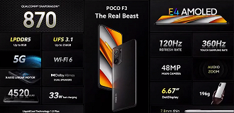 Especificações do POCO F3. (Imagem: Reprodução / POCO, Xiaomi)