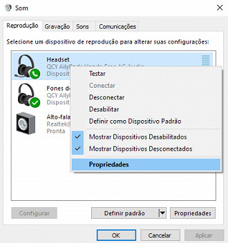 Desativando efeitos aplicados vai software no som do fone de ouvido sem fio Bluetooth no Windows 10. Fonte: Vitor Valeri