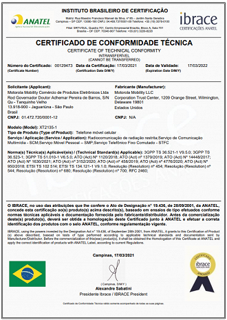 Certificado de Conformidade Técnica para o aparelho Motorola XT2135-1, vulgo Moto G60. (Imagem: Reprodução / Anatel)