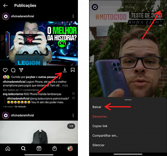 Download das postagens e stories. (Foto: Printscreen por Lucas Ribeiro).