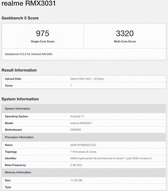 Resultados dos testes de benchmark do realme GT Neo. (Imagem: Reprodução / Geekbench)