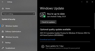 Captura de tela da atualização KB5000842 para as versões 20H2 e 2004 do Windows 10.