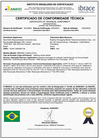 Aparelho de referência RMX3081 recebe certificado da Anatel. (Imagem: Anatel / Reprodução)