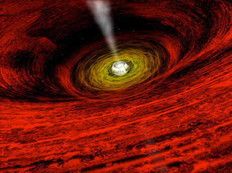 Não é possível visualizar o material que passou para  interior do buraco negro, porém, toda a atividade em seu redor é aquecida a milhões de graus e irradiado em raios-X. (Imagem: CXC/A.Hobart)