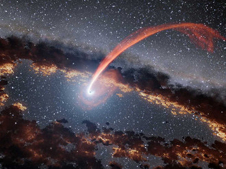 A imagem ilustra uma estrela com seu fluxo de iluminação interrompido ao ser sugada pelo buraco negro. (Imagem: NASA/JPL-Caltech)