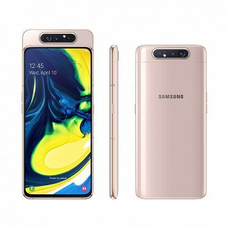 O Galaxy A80 tinha como principal destaque a sua câmera traseira que também podia ser usada como frontal. (Imagem: Samsung / Reprodução)