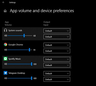 Volume de aplicativos e preferencias de dispositivos. Fonte: windowslatest