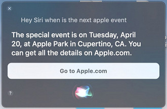 Siri informa que o evento deve ocorrer na próxima terça, dia 20 de abril. (Imagem: Reprodução / MacRumors)