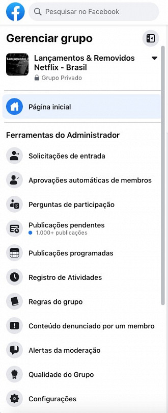 Na barra lateral, clique em Configurações (Imagem: Facebook).