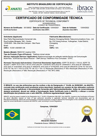 Certificado de Conformidade Técnica do realme C25 produzido pelo órgão brasileiro. (Imagem: Anatel)