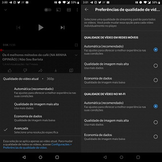 Controles de resolução dos vídeos no aplicativo YouTube para Android. Fonte: Vitor Valeri