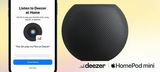 Imagem ilustrativa do HomePod mini e o app Deezer. Fonte: Deezer (Twitter)