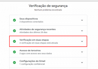 Verificação em duas etapas no Google. (Foto: Printscreen).