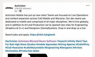 Publicação da Actvision no Linkedin. Fonte: Linkedin
