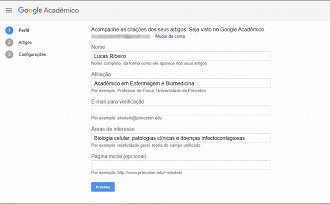 Crie seu perfil no Google Acadêmico. (Foto: Printscreen por Lucas Ribeiro).