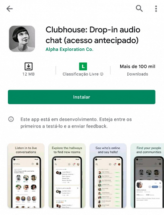 Clubhouse já está disponível para download na Play Store do Brasil. (Imagem: Captura de tela por Adalton Bonaventura)