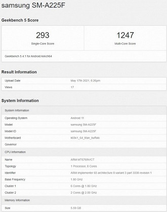 Documento do SM-A225F, codinome do Galaxy A22 4G. (Imagem: Reprodução / Geekbench)