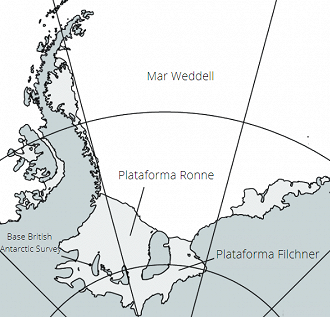 Mapa do Mar Weddell e a plataforma Ronne. (Crédito da imagem: Adrian Jenkins / Traduzido por Adalton Bonaventura, Oficina da Net)