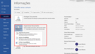 Inspecionar documento no Word. (Foto: Printscreen por Lucas Ribeiro).