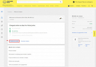 Em Detalhe do Envio é possível ter mais informação sobre a entrega do produto.