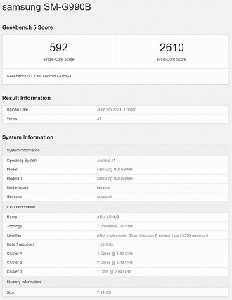 Galaxy S21 FE em benchmark realizado pelo Geekbench. (Imagem: Reprodução / Geekbench)