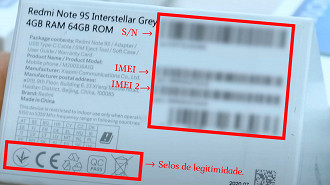 Na caixa é possível identificar o S/N, IMEI, IMEI 2 e selos de legitimidade.