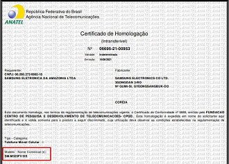 Certificado de Homologação do SM-M325FV, vulgo Galaxy M32. (Imagem: Reprodução / Anatel)