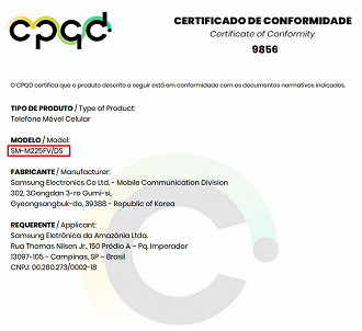 Certificado de Conformidade do Galaxy M22, próximo lançamento da Samsung. (Imagem: Reprodução / Anatel / CPQD)