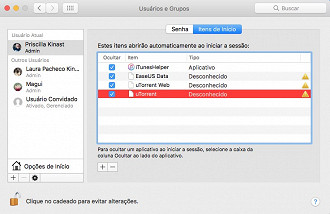 Menu Apple > Preferências do sistema > Usuários & Grupos > Itens de Login.