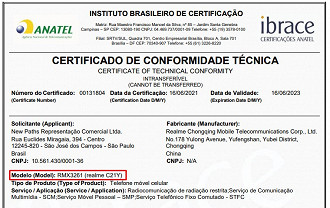 Certificado de Conformidade Técnica do Realme C21Y. (Imagem: Reprodução / Anatel)