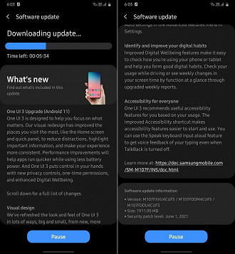 Changelog da atualização do Android 11 para o Galaxy M10s. (Imagem: Reprodução / SamMobile)