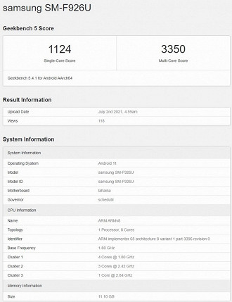 Relatório do teste de benchmark do Galaxy Fold 3. (Imagem: Reprodução / Geekbench)