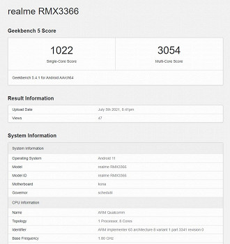 Documentação de benchmark do Realme X9 Pro. (Imagem: Reprodução / Geekbench)