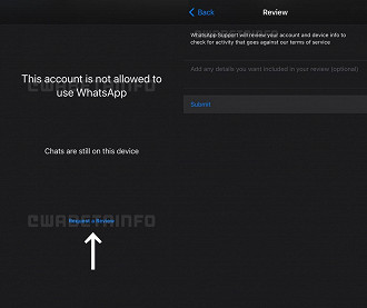 Será possível solicitar uma revisão caso sua conta tenha sido banida injustamente. (Imagem: Reprodução / WABetaInfo)