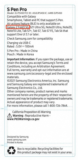 Listagem da FCC indica o Z Fold 3 como um dos modelos capazes de suportar a S Pen Pro. (Imagem: Reprodução / GSM Arena)