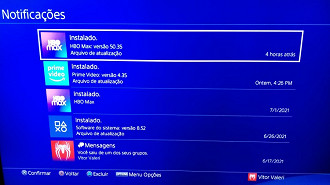 Tela de notificações do PS4 com a ultima atualização feita do app HBO Max. Fonte: Vitor Valeri