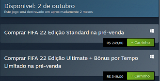 Preço do FIFA 22 no Steam.