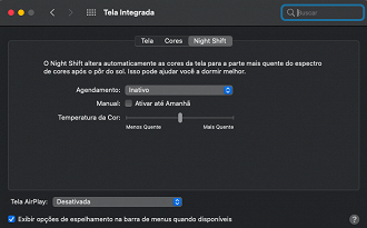 Preferências do Sistema > Telas > Night Shift.