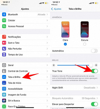 Ajustes > Tela e Brilho > True Tone.